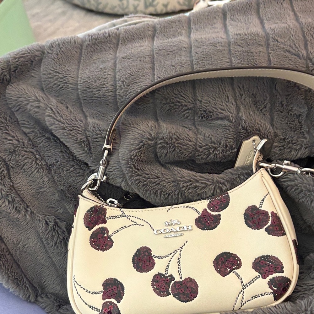 Coach Beige and Burgundy Cherry Print Small Shoulder Bag. Never used!